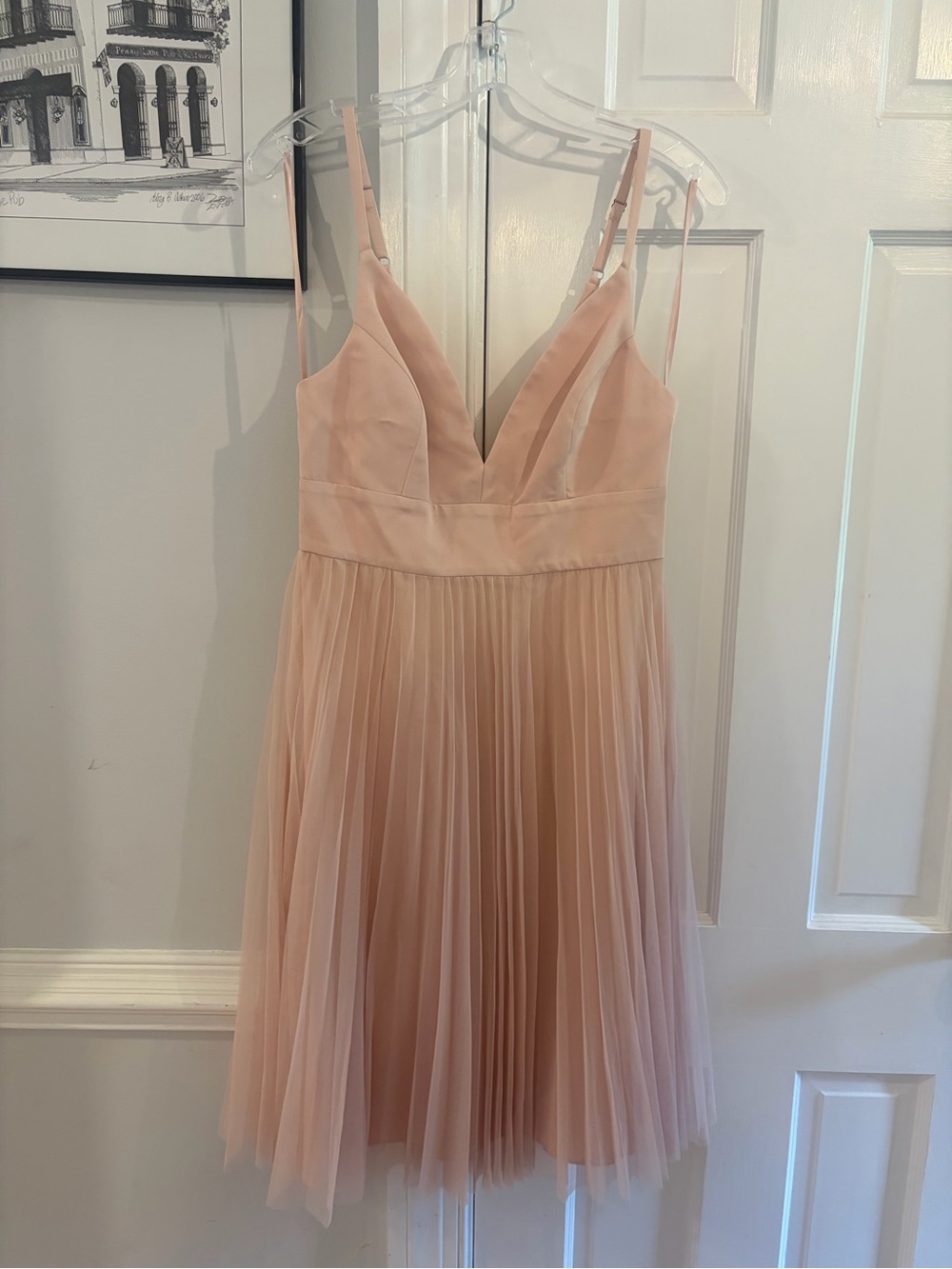 BCBGMaxAzria Blush Pleated Tulle V-Neck Mini Dress